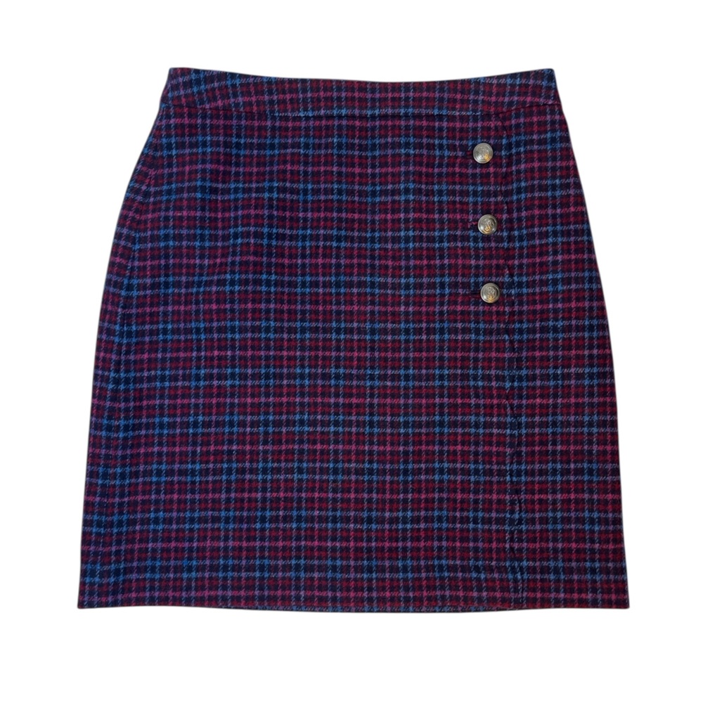 Talbots Wool Blend Plaid Skirt Women’s Size 6 Red Blue Black Silver Crest Button